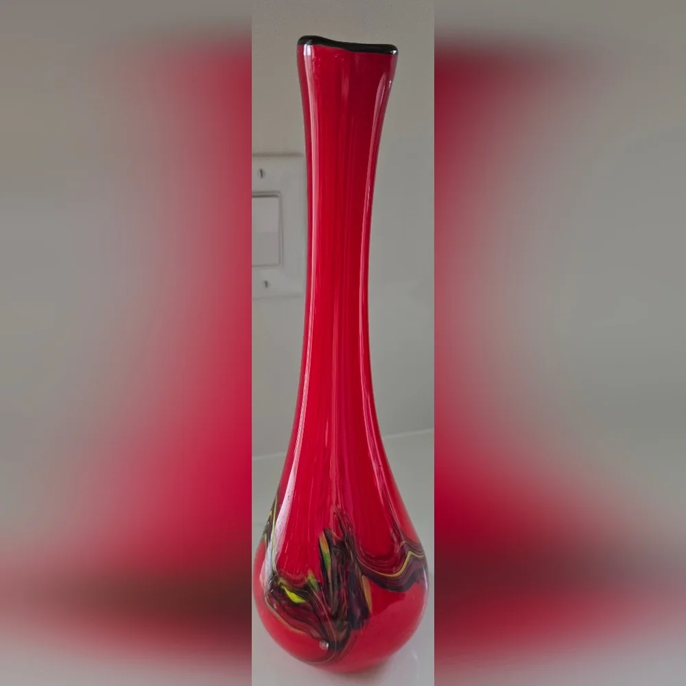 Vintage Hand Blown Red w/ Blue Yellow White Streaks Art Glass Vase 14.5 In. ‎ #2